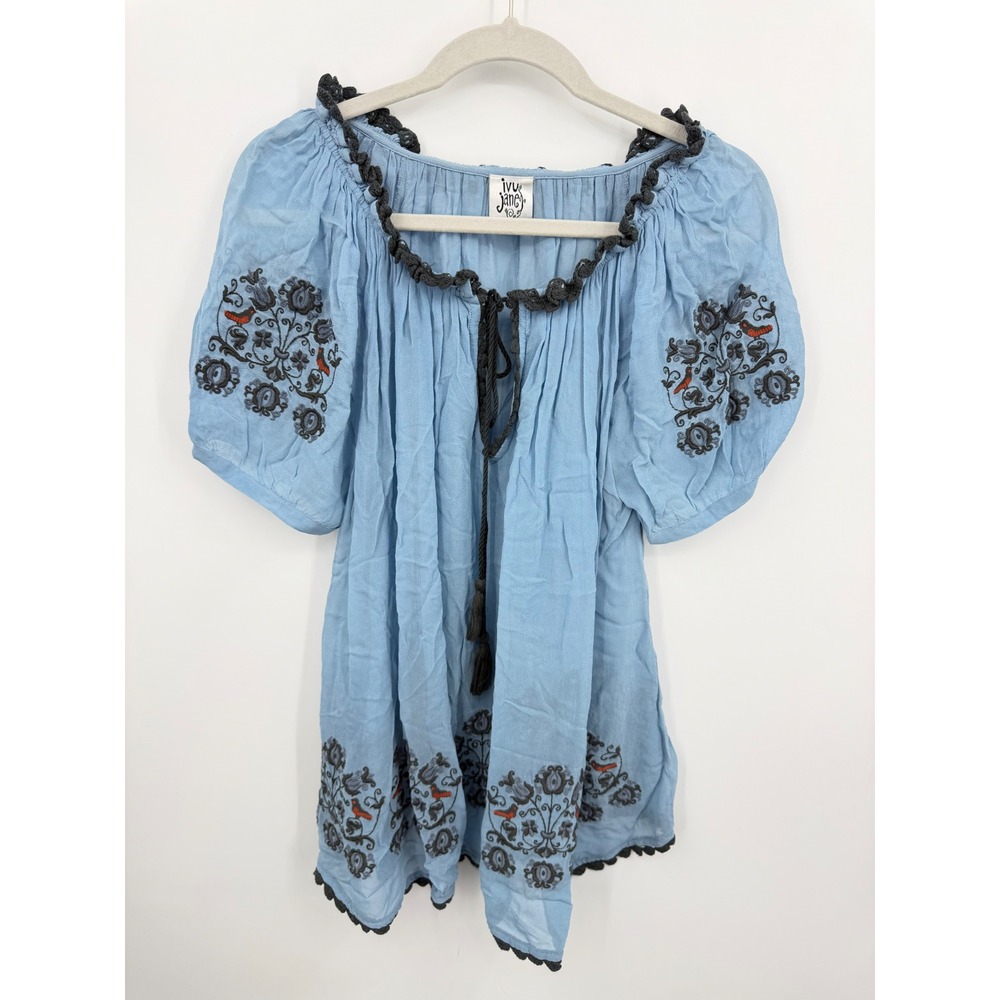 Ivy Jane Embroidered Peasant Blouse Women Size S Blue Tassel Boho Short Sleeve